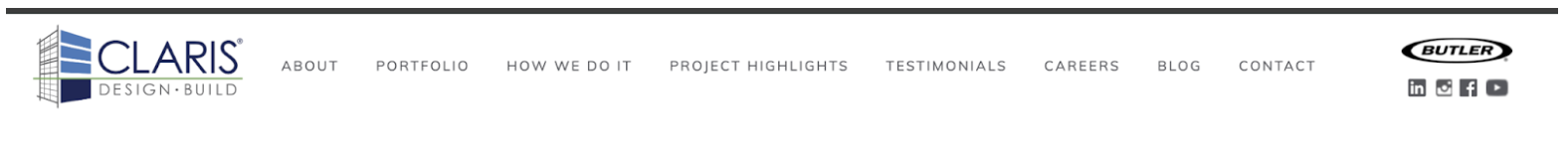 Claris Design-Build website navigation menu showing About, Portfolio, How We Do It, Project Highlights, Testimonials, Careers, Blog, and Contact sections