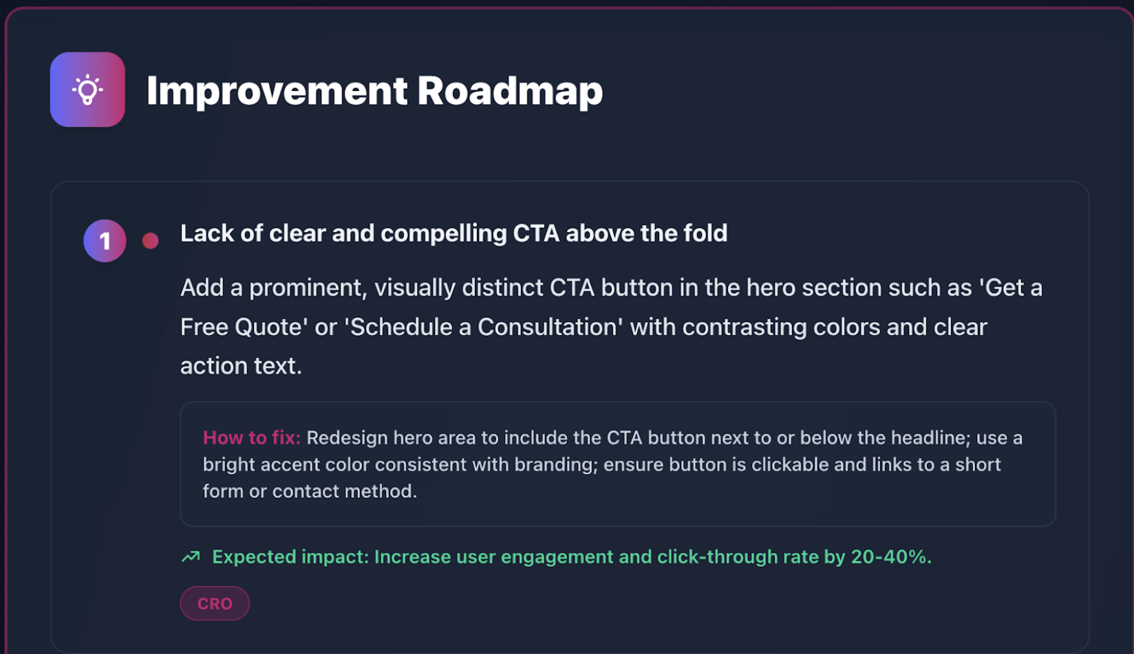Improvement Roadmap - Detailed roadmap for CTA optimization with implementation steps and expected impact