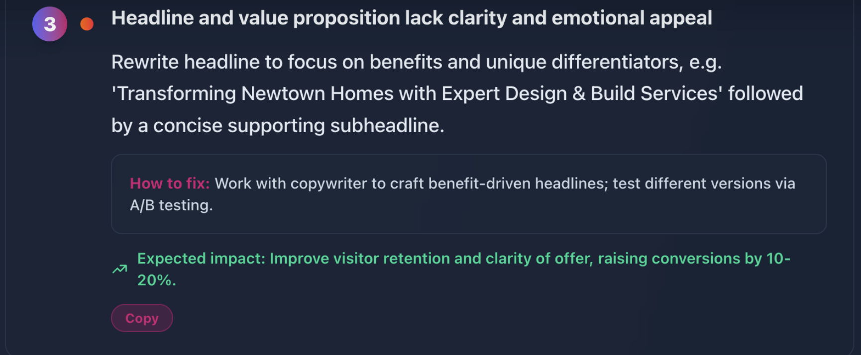 Improvement Roadmap Item 3 - Improving headline and value proposition with benefit-driven copy and emotional appeal