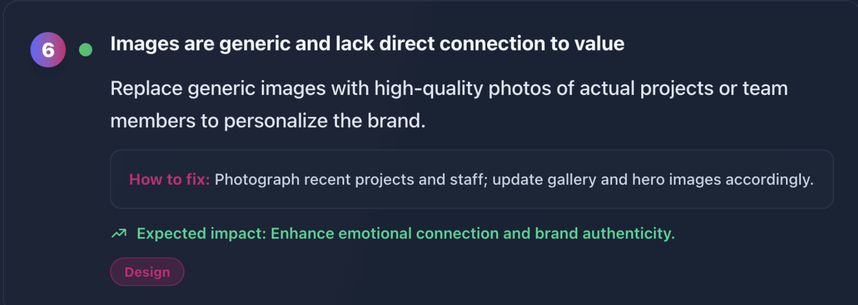 Improvement Roadmap Item 6 - Replacing generic images with authentic project and team photos to enhance emotional connection and brand authenticity