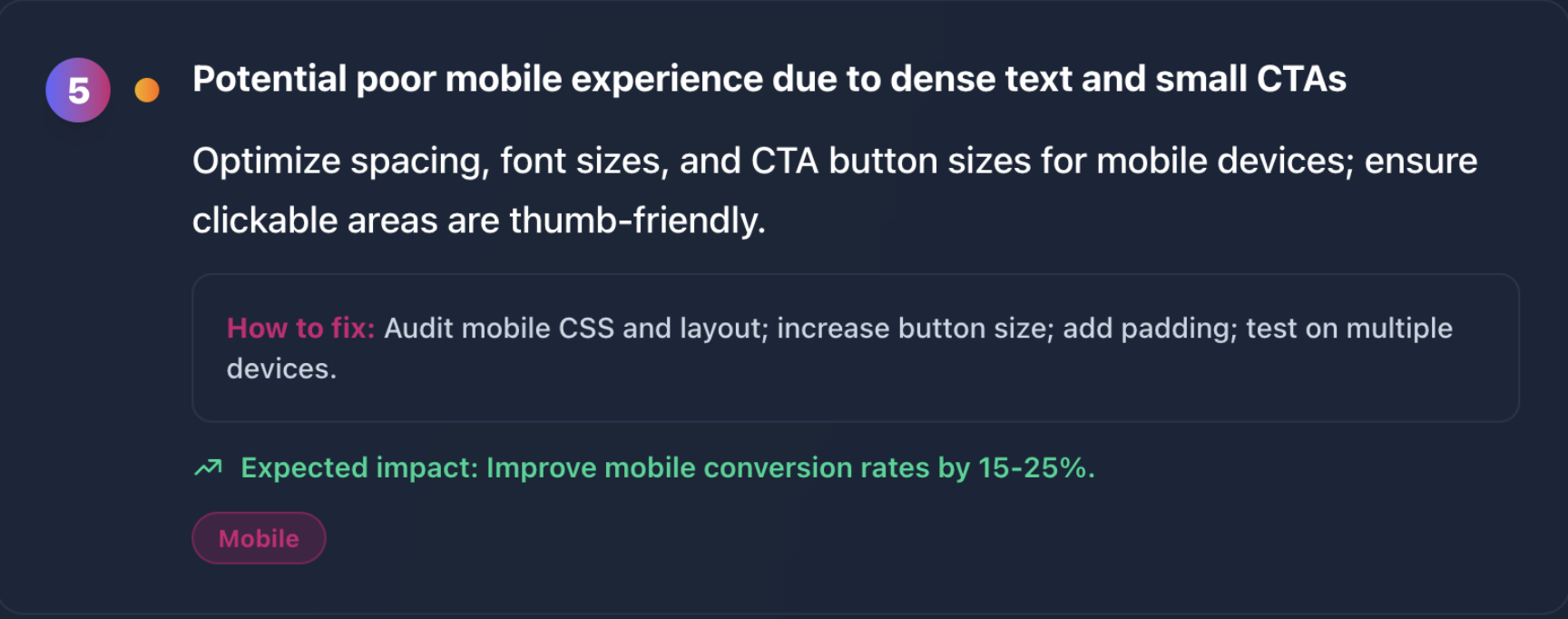 Improvement Roadmap Item 5 - Mobile optimization for better user experience with optimized spacing, font sizes, and CTA button sizes