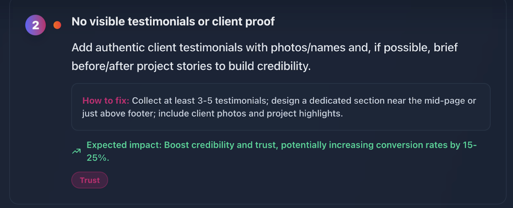 Improvement Roadmap Item 2 - Adding testimonials and client proof with implementation steps and expected impact