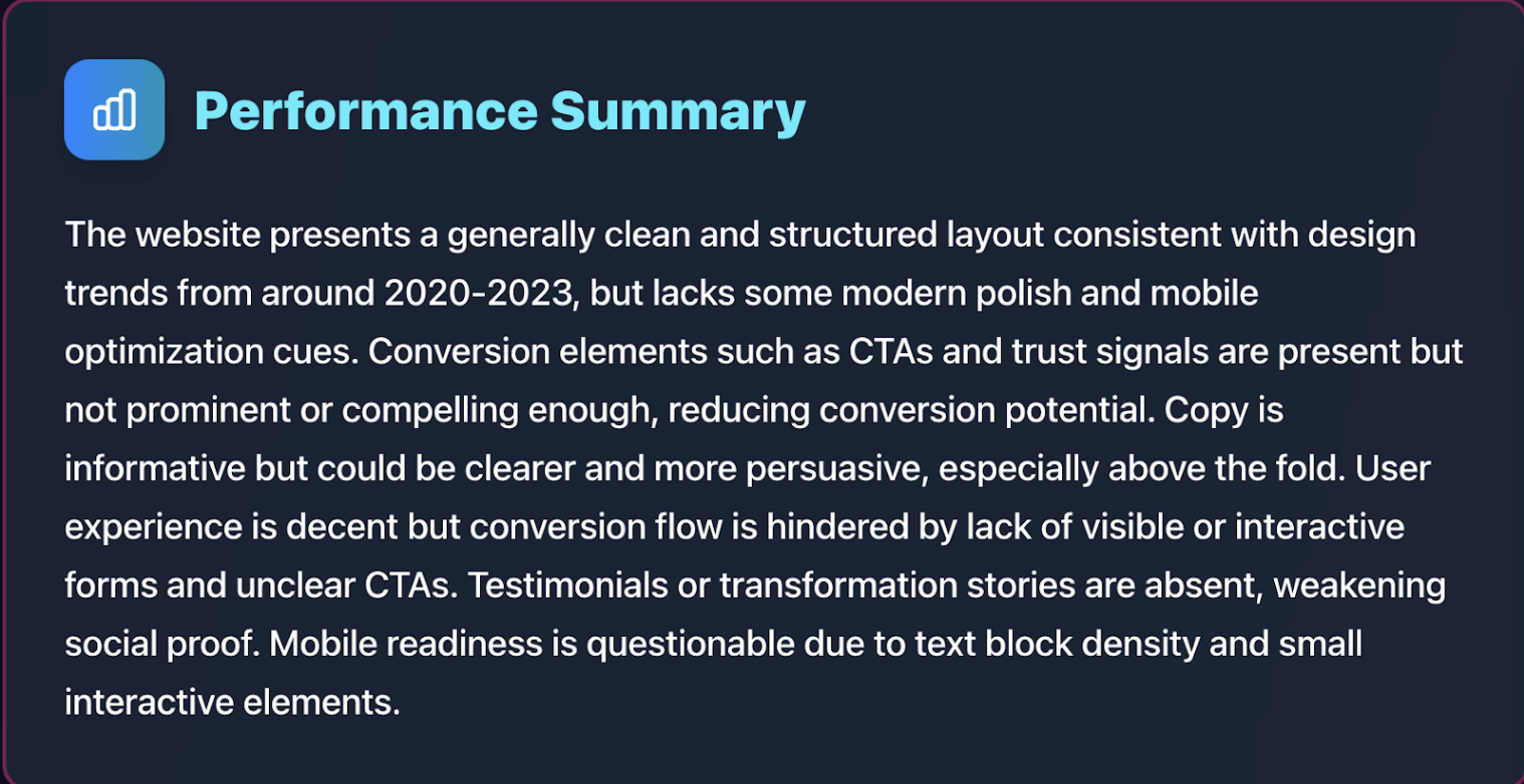 Performance Summary - Detailed analysis of website design, conversion elements, and mobile optimization