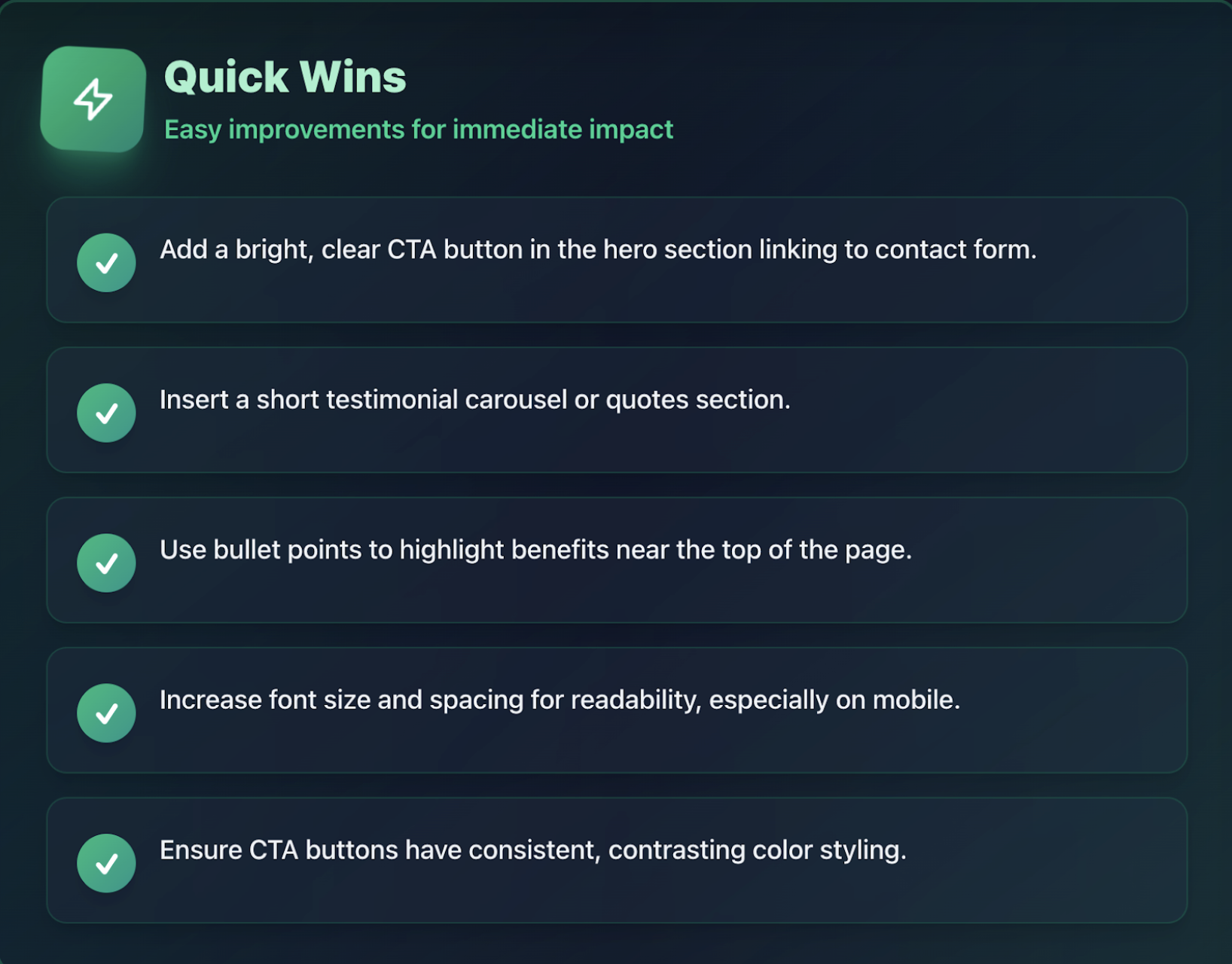 Quick Wins - Easy improvements for immediate impact including CTA buttons, testimonials, bullet points, font sizing, and consistent styling