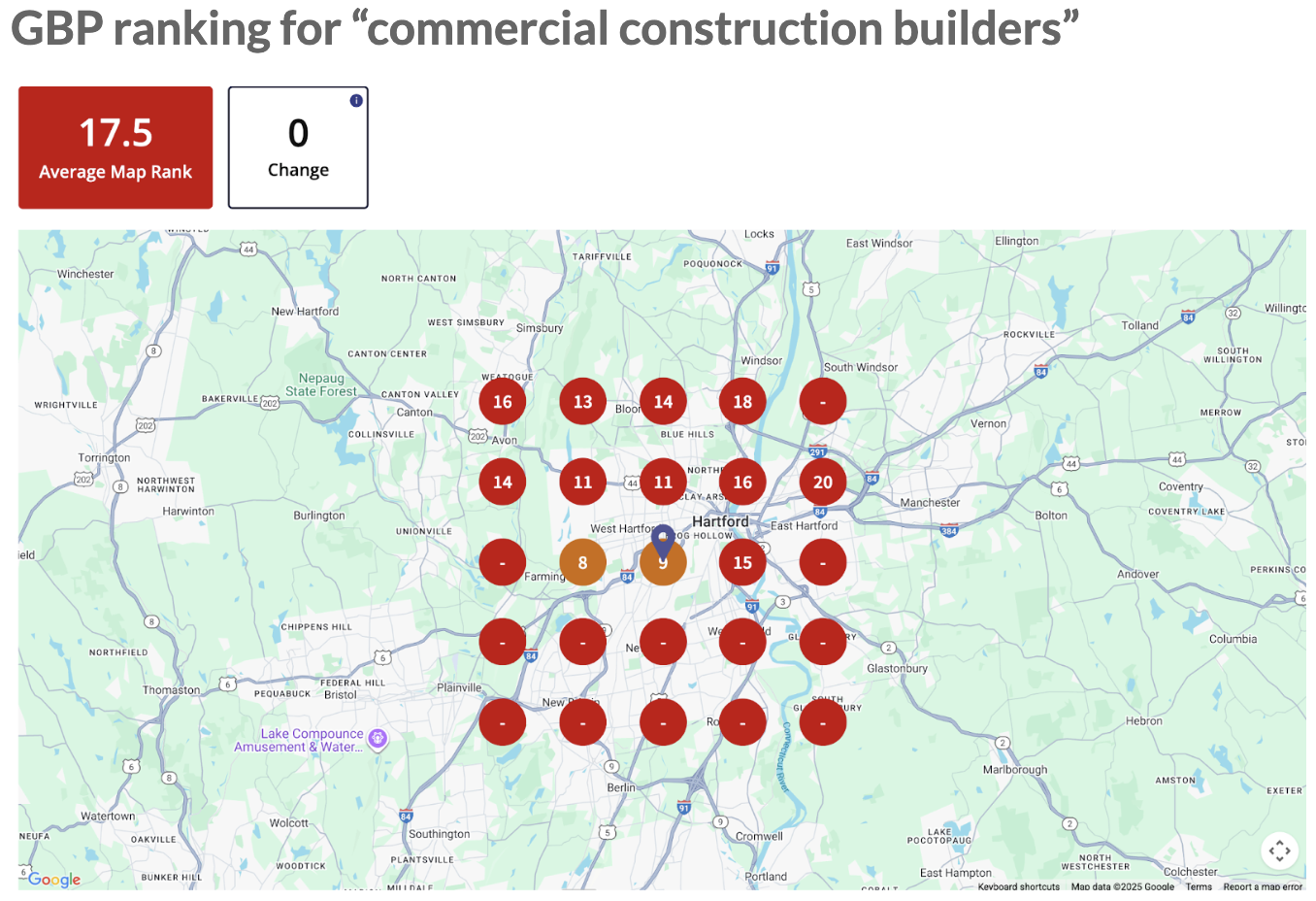 West Hartford GBP ranking map for commercial building contractors showing position 17.5