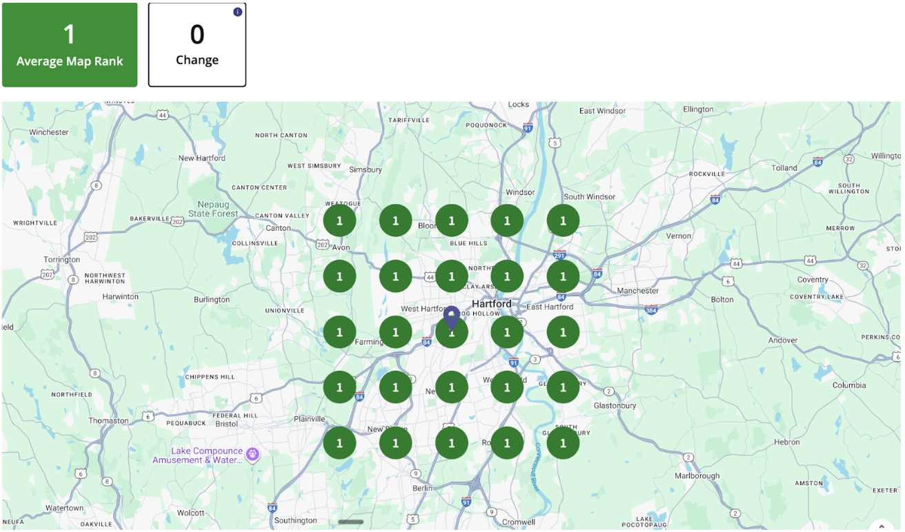 West Hartford GBP ranking map for design build contractors showing position #1 across all grid points