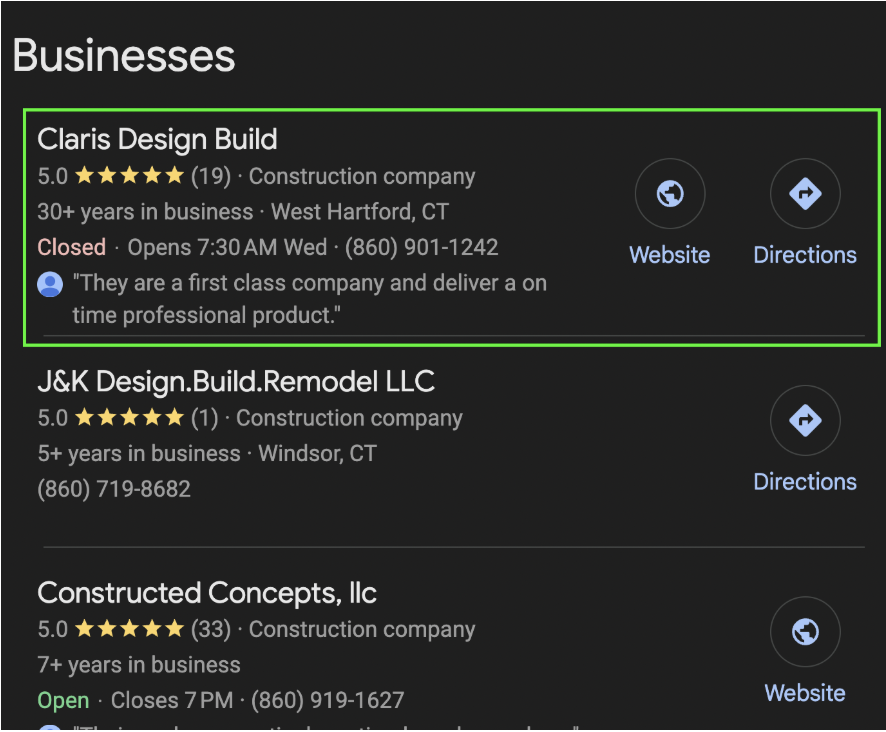 Google search results showing Claris Design Build in position #1 for design build contractors